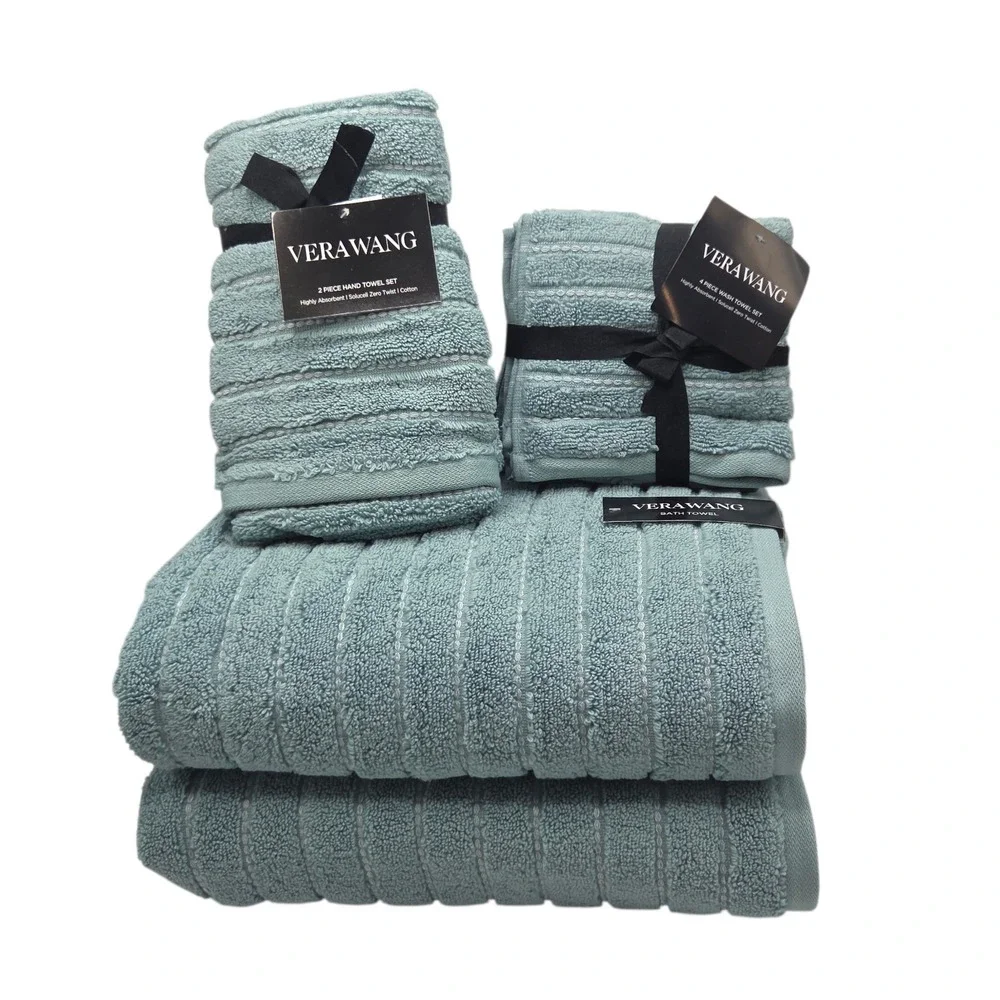 Vera Wang 8pc Zero Twist Cotton Bath‎ Towel Set Geo Stitch Aqua Blue B Twlos